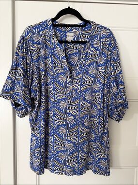 NIC+ZOE Royal Blue and White Printed Split-Neck Blouse NWOT
